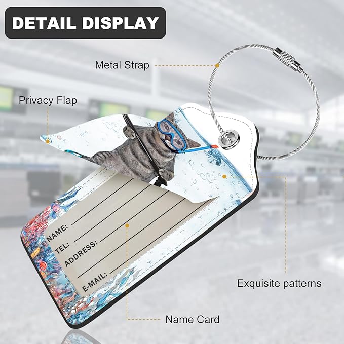 2Pack Luggage Tags for Suitcases, Cute Unique Pu Leather Cruise Luggage Tag with Privacy Cover ID Label Address Card and Metal Ring Suitable for Women Men Kids Travel Bag The Diving Cat