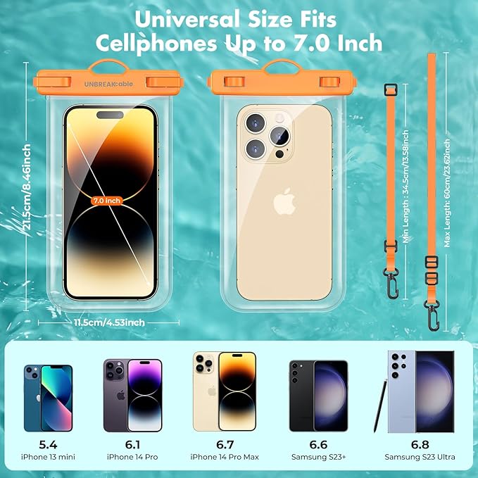 UNBREAKcable Waterproof Phone Pouch-2 Pack IPX8 Waterproof Phone Case for iPhone 16 15 14 13 12 Pro Max & Samsung S25 S24-Dry Bag & Travel Essentials for Beach, Pool, Kayak & Cruise-7" Orange + Purple