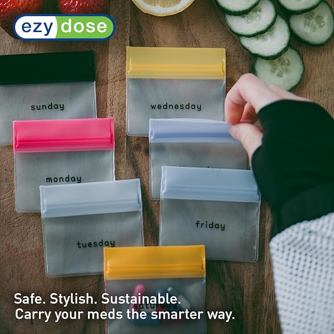 EZY DOSE Reusable 7-Day Pill Pouch Set, Durable Multi-Purpose Travel-Sized Baggies, Includes Days of The Week Labels w/Color for Easy Identification, Silicone Storage, Clear, BPA Free, TSA Approved