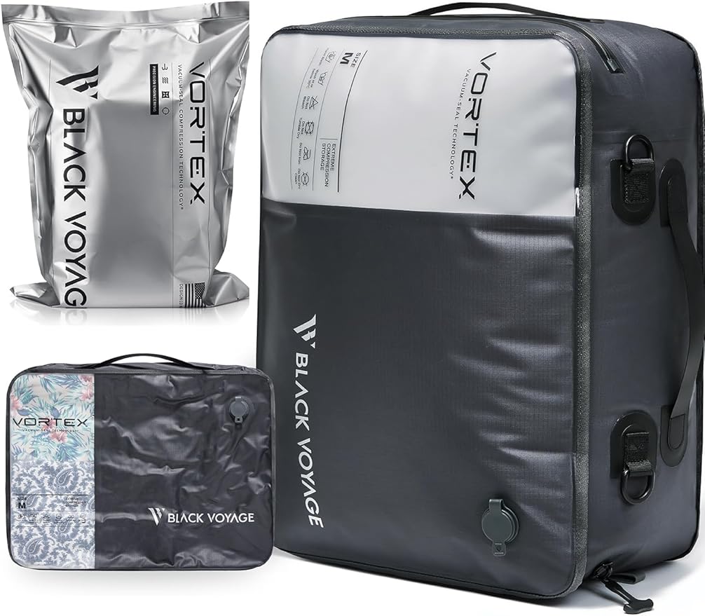 Black Voyage Reusable Vacuum Compression Travel Bag for Carry-On Suitcase and Backpack, Recycled IP67 Waterproof Space Saver Vacpack (1-Pack, 21L - No Pump)