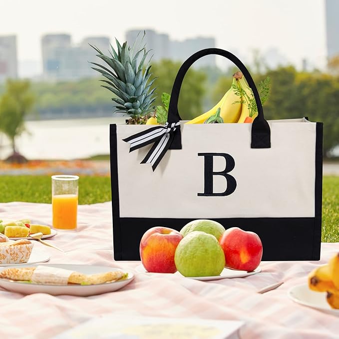 TOPDesign Embroidery Initial Canvas Tote Bag, Personalized Present Bag, Suitable for Wedding, Birthday, Beach, Holiday, is a Great Gift for Women, Mom, Teachers, Friends, Bridesmaids (Letter B)
