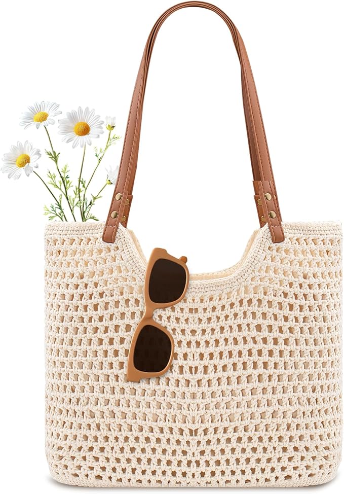 Peicees Crochet Beach Bag For Women Summer Tote Bag Boho Shoulder Bag With Leak-Proof Lining for Vacation Travel Woven Purse