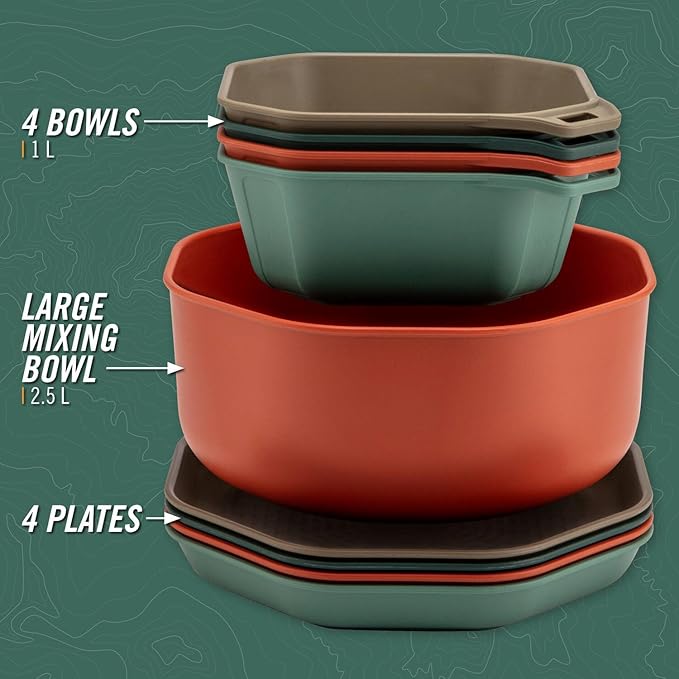 Gerber Gear ComplEAT Tableware Set - Polypropylene Camping Cookware - Portable Outdoor Tableware - 4 Plates, 4 Bowls & 1 Mixing Bowl