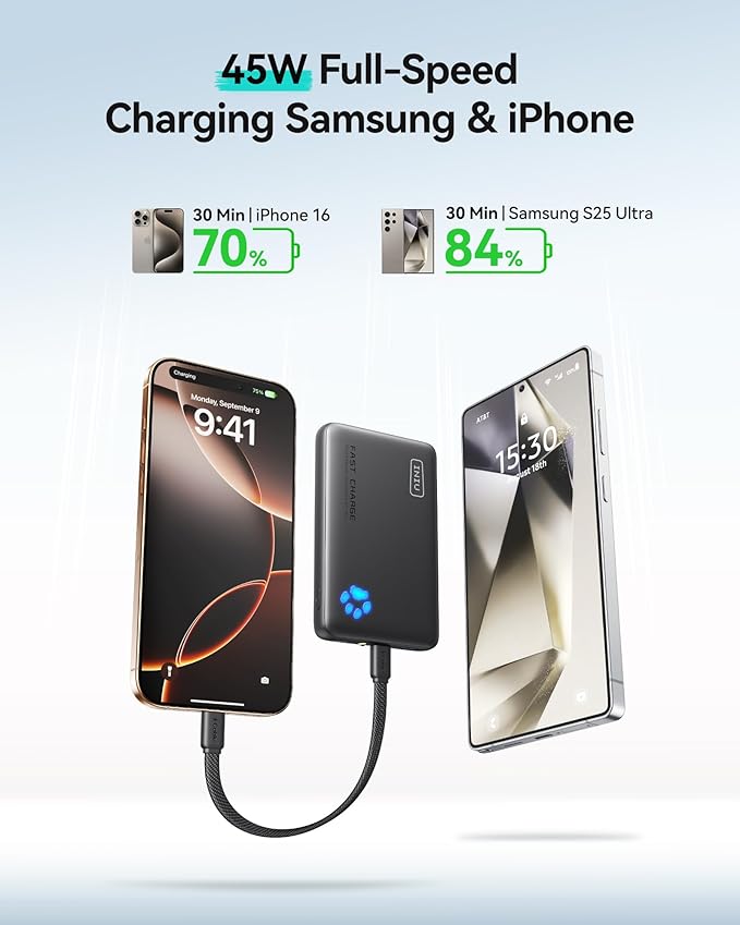 INIU Portable Charger, Ultra Slim 10000mAh 45W PD Power Bank, USB C in&Out Fast Charging Battery Pack, Travel Essential Phone Powerbank Compatible with iPhone 16 15 14 Samsung S22 S21 Google iPad etc