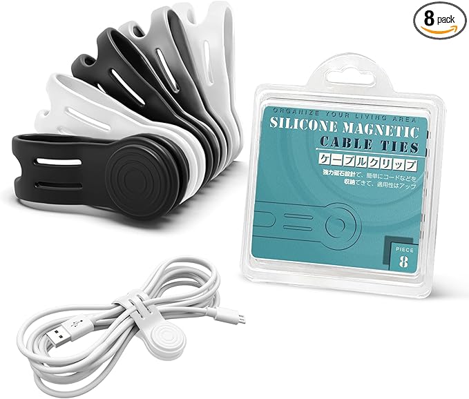 Kanemc 8 Pack Magnetic Twist Ties, Silicone Cord Organizer Magnet Reusable Cable Straps For USB Earphone Charger Video Computer Cables (4Black+2White+2Grey)