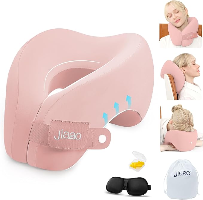 Neck Pillow Airplane, Ergonomic Memory Foam Travel Pillows for Long Flights, 3D Eye Masks, Ear Plugs and Portable Drawstring Bag, Napping Pillow for Home, Sleep Rest, Family and Travel Use