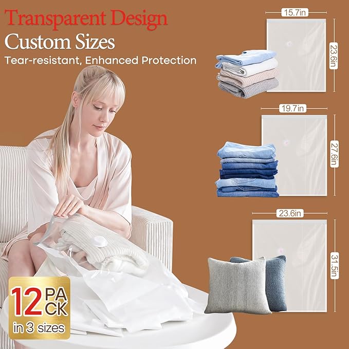 Travel Vacuum Bags with Wireless Charging Air Pump, 12 Pack Vacuum Storage Seal Bags for Clothing(4 Large+4 Medium+4 Small), Compression Packing for Clothes Suitcase Luggage