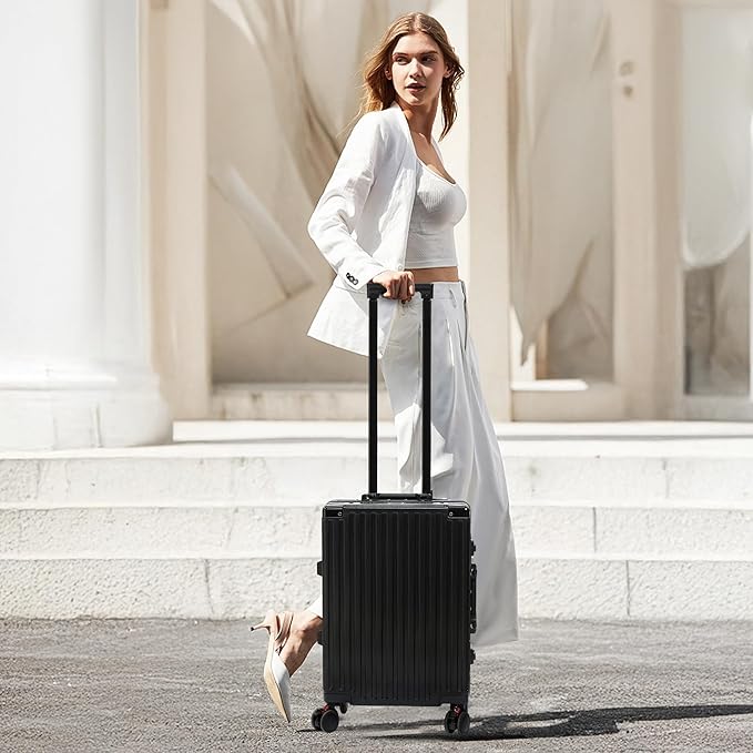 26 Inch Checked Luggage with Spinner Wheels, No Zipper Aluminum Frame Hard Shell Suitcases with TSA Lock, PC+ABS Lightweight Large Suitcase for Travel (Black)
