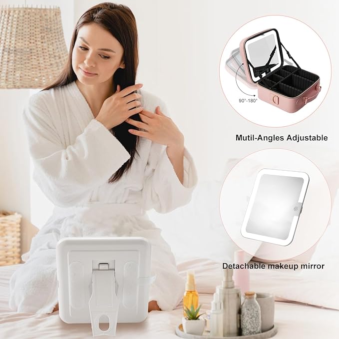 Mocado Travel Makeup Bag with LED Lighted Mirror, Travel Makeup Organizer, Makeup Case with 3 Color Lighted Setting and 10x Magnifying Mirror, Portable Storage and Adjustable Dividers Makeup Box(Pink)