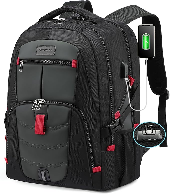 LOVEVOOK 17 inch Travel Laptop Backpack, DarkGrey, Waterproof, Anti-Theft with Lock, USB Charging Port, Large Capacity, Multi-Purpose