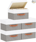 Fabric Storage Boxes with Lids, Linen Foldable Cloth Baskets, Closet Organizer Containers with Double Handles, Sweater Bins for Bedroom, White and Grey, 5 Pack, 13 x 9.1 x 7.9 Inch