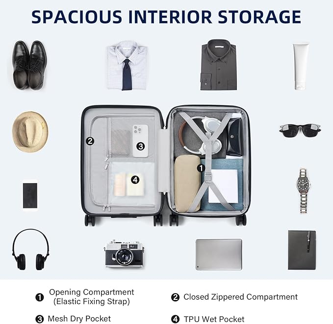 Hard Shell Suitcases Airline Approved 20 Inch Carry on Luggage with Wheels, Expandable Travel Luggage with Cup Holder Charger Built in Lightweight Small Suitcase, Silver
