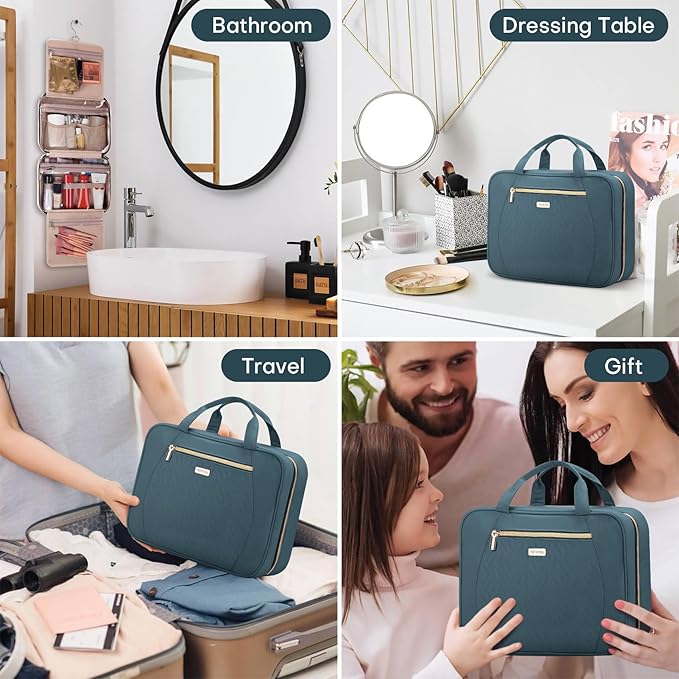 Hanging Toiletry Bag for Women Travel, 2 Sizes Large & Small Waterproof Cosmetic Organizer with 4 Compartments, Rotating Hook, Foldable Pink Travel Bag for Toiletries & Makeup, Large Lake Blue
