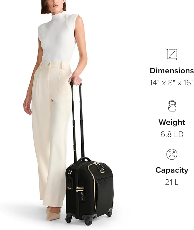 TUMI - Voyageur Leger 4 Wheeled Luggage - Women's Lightweight and Spacious, Sleek Silhouette, Durable Premium Suitcase - 16" Compact Carry-On, Black with Gold Hardware