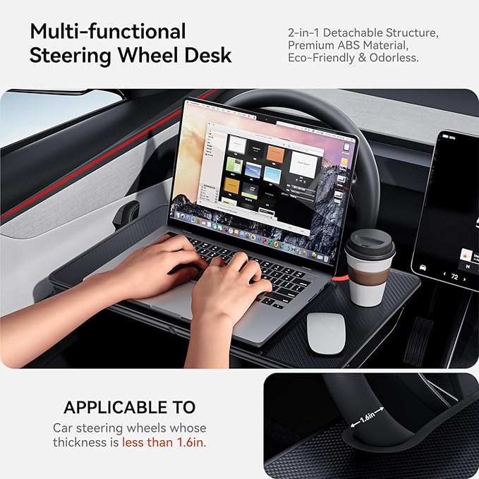 YONZEE 2-in-1 Car Steering Wheel Desk Tray & Car Seat Gap Filler Organizer – Foldable Carbon Fiber Look Table for Laptop, Eating, Writing – Universal Fit for Most Vehicles Orange