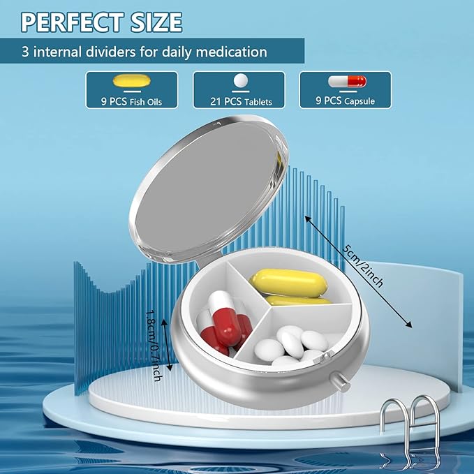Pill Box 3 Compartment Small Pill Case,Portable for Pocket or Purse Pill Organizer Pill Container Holder to Hold Vitamins, Medication, Fish Oil and Supplements(Almond Blossom)