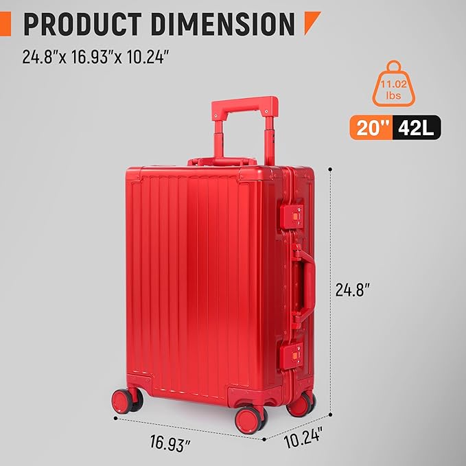 UrbanExplorer All Aluminum Carry On Luggage 22x14x9 Airline Approved Heavy Duty Hard Shell Suitcases Zipperless Suitcase with TSA Lock, Red, 20 Inch