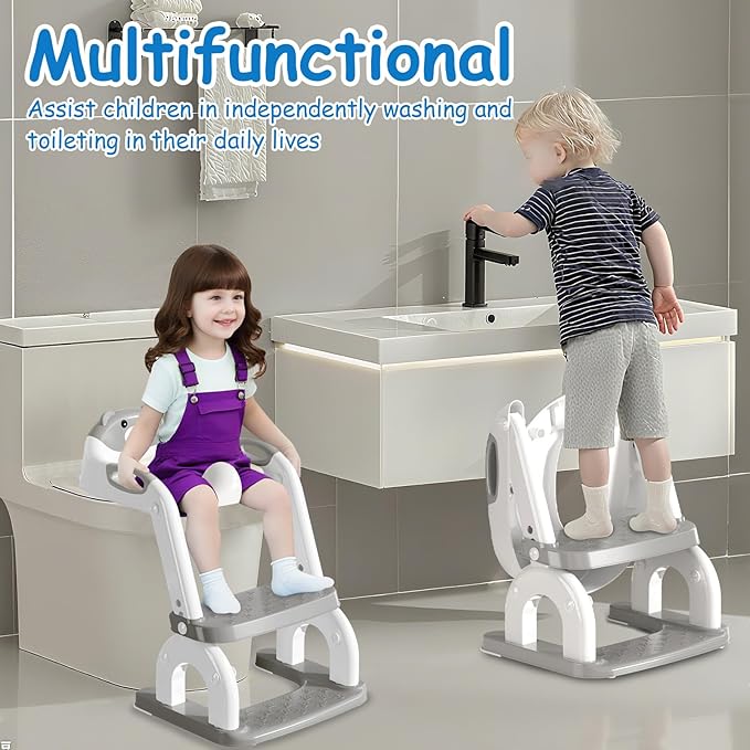 Potty Training Seat for Toddlers - Upgrade 2-in-1 Toilet Seat Toilet Ladder for Kids Children Boys Girls, Anti-Slip Pad & Adjustable Height with Waterproof PVC Cushion - Grey