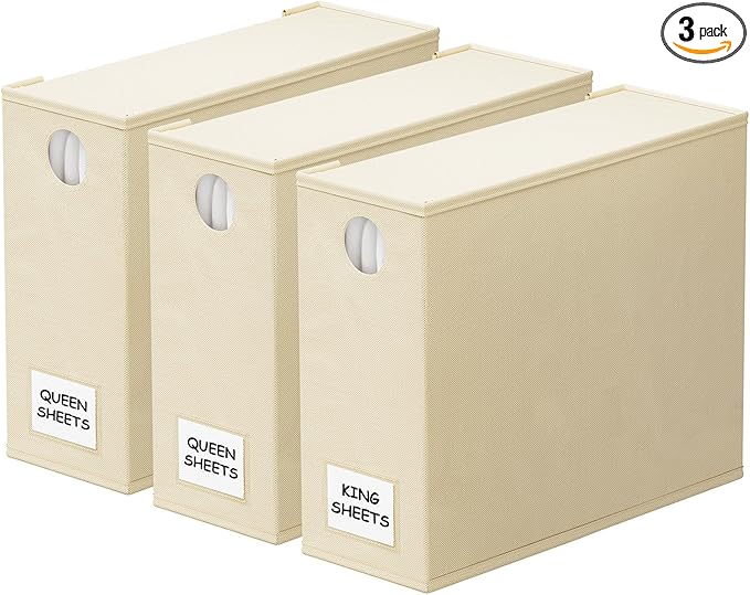 SpaceAid 3 Pack Bed Sheet Organizers and Storage, Foldable Linen Closet Organizer, Set Folder Keeper With Window XL (Queen & King Size) Bedding Container (Beige)