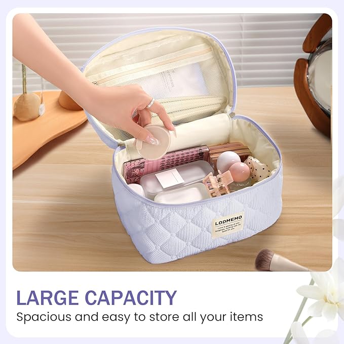 Makeup Bag 3 PCS Cosmetic Bags for Women, Large Travel Make up Bag Set Cute Cotton Toiletry Bag Organizer Pouch for Purse, Purple