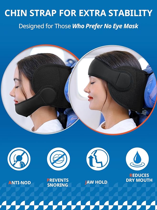 Travel Pillow Combo with Chin Strap, Airplane Pillows with 3D Eye Mask for Sleeping, 360° Support Plane Head Strap for All Plane Seats, Long Flights Essentials, Stop Bobblehead, Black