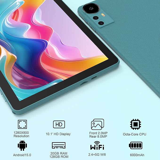 Android 15 Tablet 10 Inch, 20GB RAM+128GB ROM/ 2TB Expandable, 2.0GHz Quad-core Processor, 1280*800 IPS HD Screen, 5G WiFi 6 BT 5.0, 2 in 1 Tablets with Keyboard Case Mouse Stylus, Widevine L1