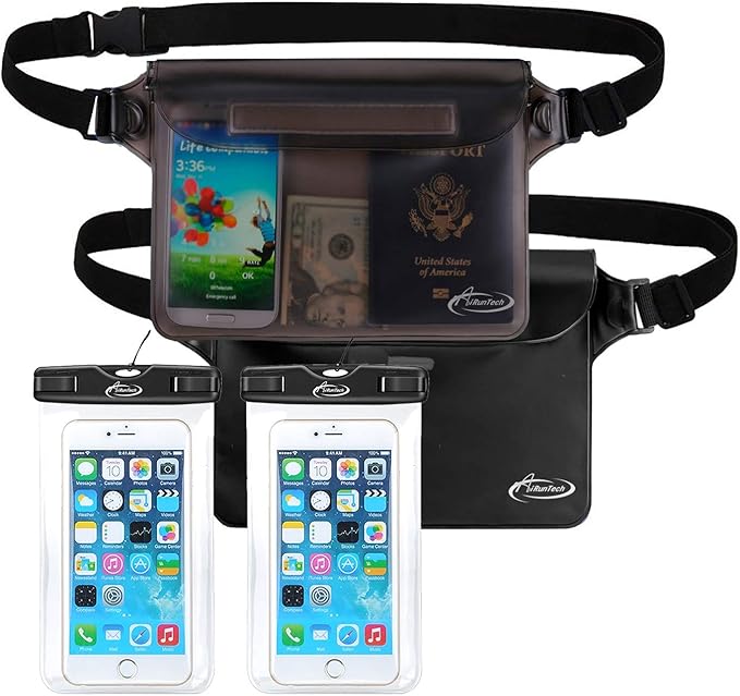 AiRunTech Waterproof Dry Bag and Waterproof Cell Phone Bag for Outdoor Water Sports, Boating, Hiking,Kayaking,Fishing (2 * Phone case(Clear) + 2 * Fanny Pack(Black+Gray))