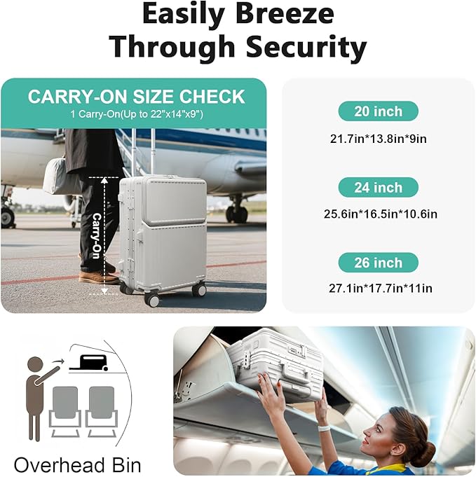 Hard Shell Luggage 20 Inch Travel Luggage, Carry-On Luggage Spinner TSA with Lid, PC+ABS Aluminum Frame，Lightweight Travel Luggage 20'' 24'' 26''Carry-On (upgraded white, 20 inch)
