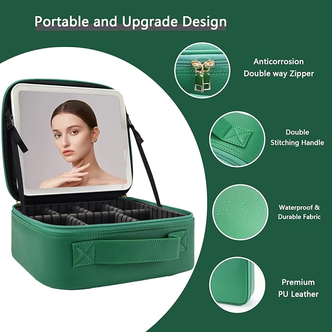 Makeup Bag with Led Mirror,Travel Makeup Organizer with 3 Color Setting & 10X Magnifying Mirror, Portable Storage and Adjustable Dividers Travel Makeup Bag-Dark green