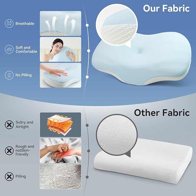 Cervical Pillow for Neck and Shoulder Support, Memory Foam Ergonomic Contour Orthopedic Bed Pillows with Adjustable Height & Breathable Pillowcase for Side, Back, Stomach Sleepers(Blue)