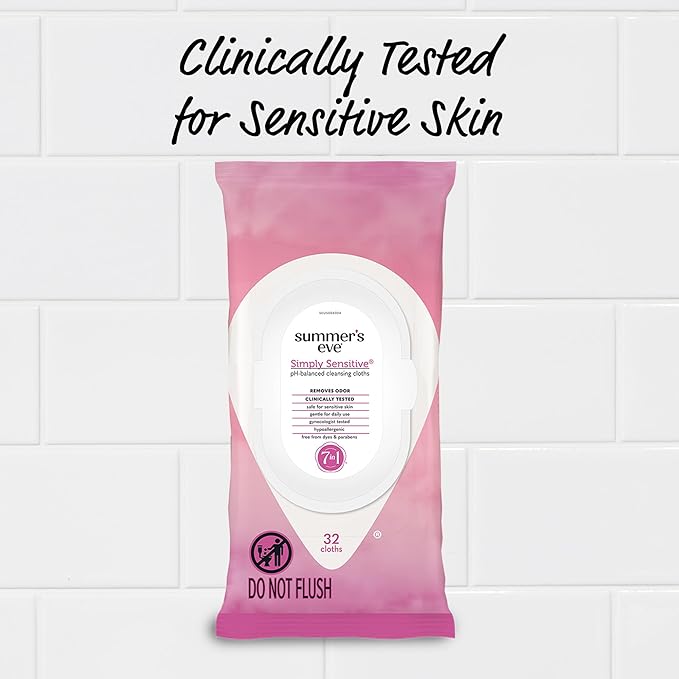 Summer's Eve Simply Sensitive Daily Gentle Feminine Wipes, Removes Odor, pH balanced, 32 count, 4 Pack