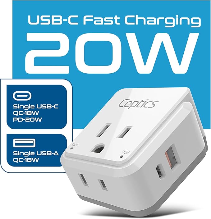 Ceptics Australian Travel Adapter Set, 20W PD & QC, Type I-3.1A - 4 in 1-2 USA Inputs, 1 USB Port, 1 USB-C Port - Australian New Zealand Fiji Argentina, Compact - Adapter Australia-Compatible Plug