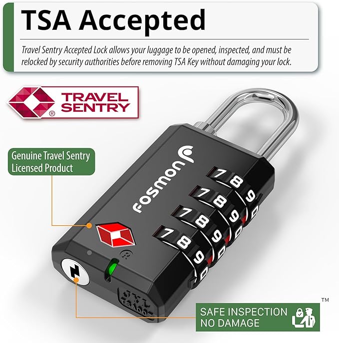 Fosmon TSA Approved Locks for Luggage, Suitcase, Heavy Duty Gun Safe Lock for Gun Case, 4 Digit Shackle Combination Padlock for Travel, Backpack Zipper Anti Theft, Gym Locker, Pistol, Handgun