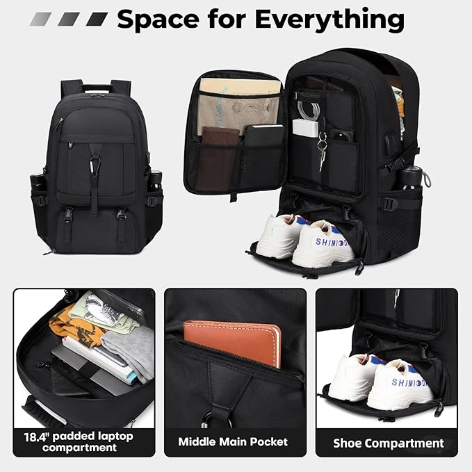 18.4 Inch gym backpack with shoe compartment,80L Multiple Compartments Backpacks, Airline Approved Carry on Travel Daypack Anti Theft with USB Charging Port,for Men Women Travel Work Business