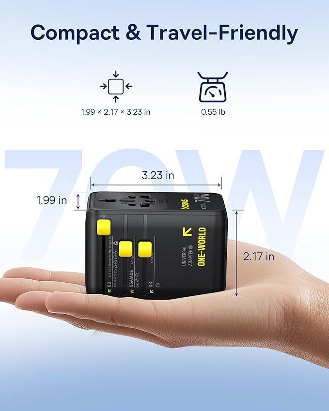 Baseus 70W Universal Travel Adapter with Retractable Cable, 6-in-1 International Plug Adapter, USB-C PD Fast Charging Worldwide Wall Charger for USA/EU/UK/AUS and Over 200 Countries - Enercore CG11
