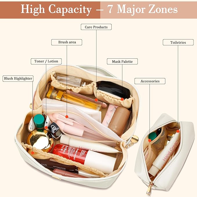 Birthday Gifts for Women Teen Girl, Personalized Initial Makeup Organizer Bag Set, Open Flat Travel Cosmetic Bag With Clear Divider and Handle(Beige,I)