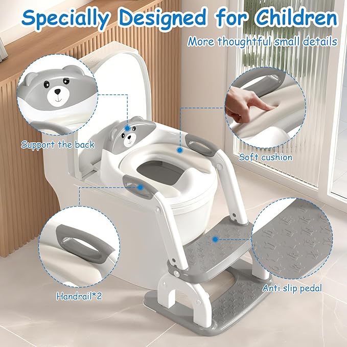 Potty Training Seat for Toddlers - Upgrade 2-in-1 Toilet Seat Toilet Ladder for Kids Children Boys Girls, Anti-Slip Pad & Adjustable Height with Waterproof PVC Cushion - Grey