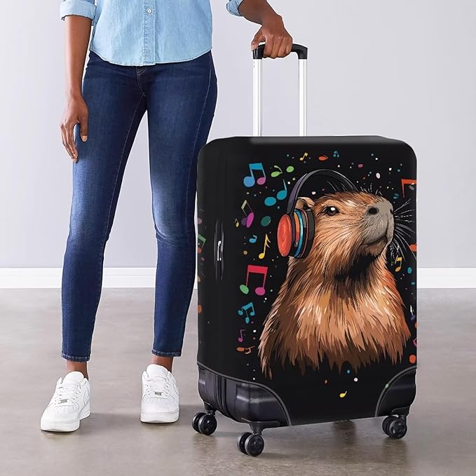 Capybara Luggage Cover Fits 30-32 Inch Luggage Anti-Scratch Spandex Zipper Suitcase Cover Protector Washable Stretchable Travel Baggage Case Cute Travel Essential, Music Note, Size XL