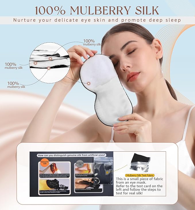 HiRui Silk Sleep Mask, 100% Natural Mulberry Silk of Double-Sided & Inner-Filling, Ultra-Smooth Soft, Adjustable Strap, Blocks Light for Night Sleeping, Travel, Office Naps (Gray)