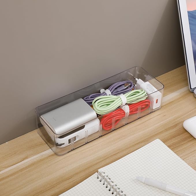 Yesesion 2 Pack Plastic Cable Management Box with Removable Dividers, Clear Cord Storage Organizer with 20 Wire Ties for Desk Drawer, Office Supplies, Electronic Accessories, Battery, Phone Charger