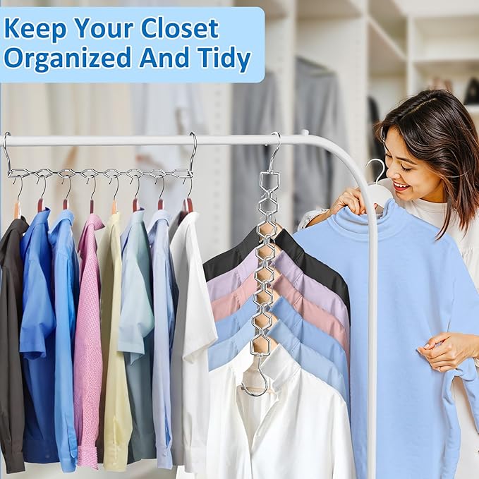 12 Pack Space Saving Hangers for Clothes, Heavy Duty 30Lbs Capacity Magic Clothes Space Saver Sturdy Metal Hanger Organizer with 360° Swivel Hook, Closet Organizers Storage Dorm Essentials Silver
