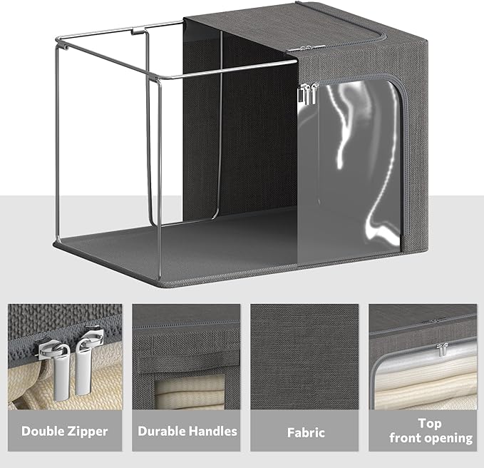 4 Pack Clothes Storage Bins with Metal Frame - Linen Fabric Foldable Stackable Container Organizer Set with Clear Window & Carry Handles & Zippers (Dark Gray, 23.6"x16.5"x15.7")
