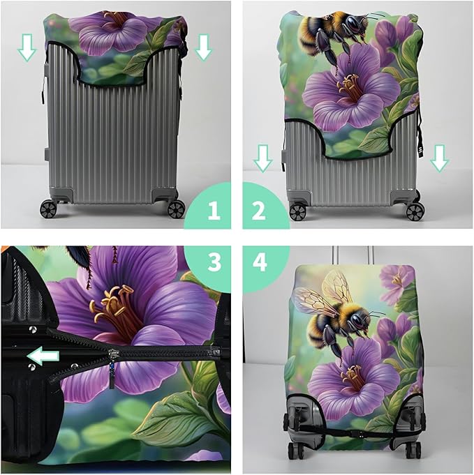 Luggage Cover + Tag, Bee Purple Flowers Travel Suitcase Cover for 22-24 inch Luggage (M) with Concealed Zipper, Washable Elastic Cloth, Dustproof, Anti-Scratch