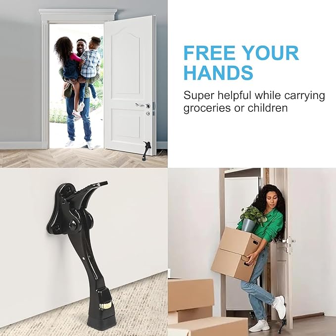 6 Packs Black Door Stops, Heavy Duty Kickdown Door Stopper, One Touch Adjustable Kickdown Door Stop for Heavy Doors, 4 in Metal Door Kickstand with Rubber Tip & Wall Protectors for Wide Doors