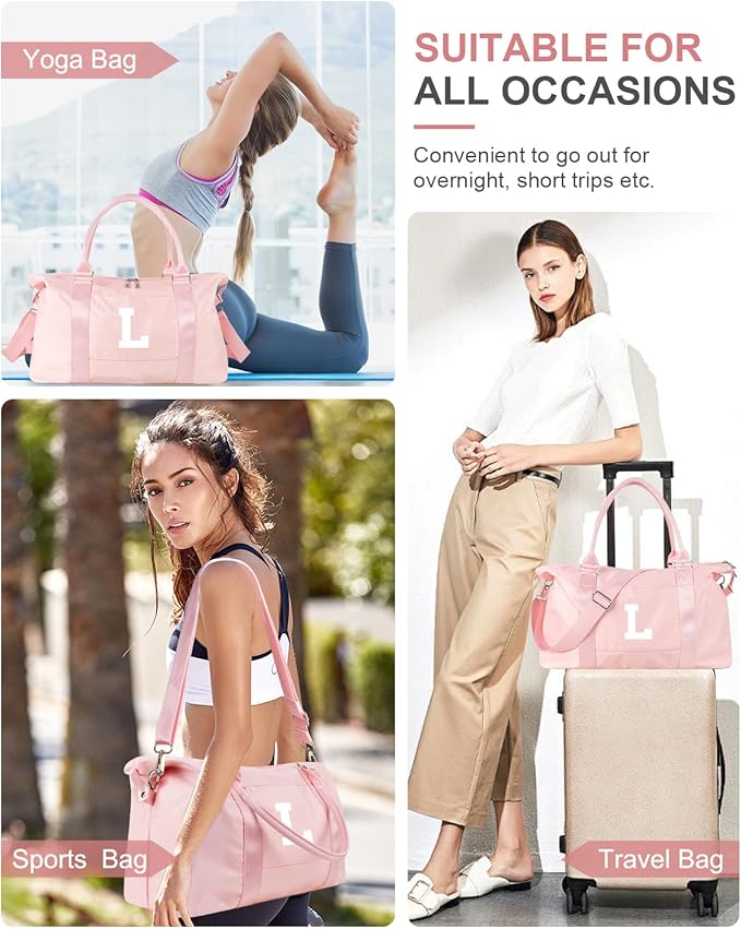Initial Travel Duffel Bag Sports Gym Bag for Girls Teen Birthday Gifts,Pink Personalized Weekender Bag Carry On Tote Bags for Women Men,Waterproof Overnight Luggage Bag with Trolley Sleeve(Letter L)