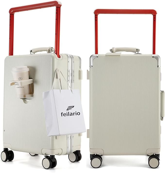feilario 20'' Aluminum Frame Wide Handle PC Hardside Carry On Luggage - Double Spinner Wheels Luxury Rolling Travel Suitcase with TSA Lock & Cup Holder