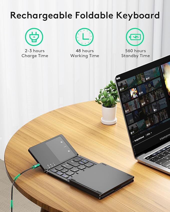 Samsers Foldable Bluetooth Keyboard with Touchpad - Portable Wireless Keyboard with Holder, Rechargeable Full Size Ultra Slim Pocket Folding Keyboards for Android Windows iOS Tablet & Laptop - Black