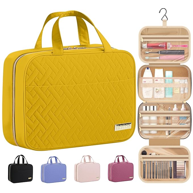 HOTOR Travel Toiletry Bag w/Hanging Hook - Spacious Toiletry Bag Essentials for Women & Men, Makeup Bag/Big Comparment, Waterproof for Travel Accessories, Medium, Yellow