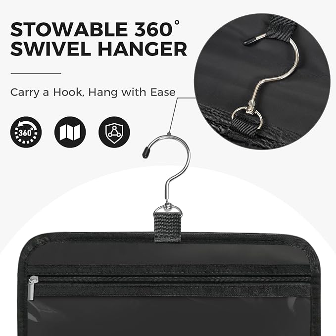 Toiletry Bag For women,Portable Hanging Organizer,4 Leakproof Compartment for full-sized Conditioner, Brushes Set, Makeup Accessories,Visible and easy to access.L-black