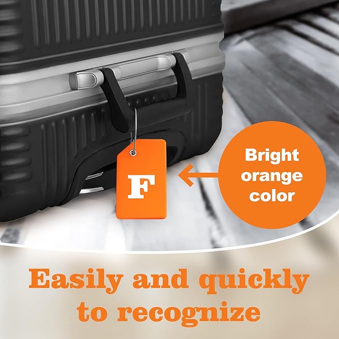 8 Pcs Luggage Tags for Suitcases, 26 Initial Letter Travel Luggage Baggage Identification Labels ID Tags Fully Bendable Tags with Stainless Steel Loop (Letter F, Orange)